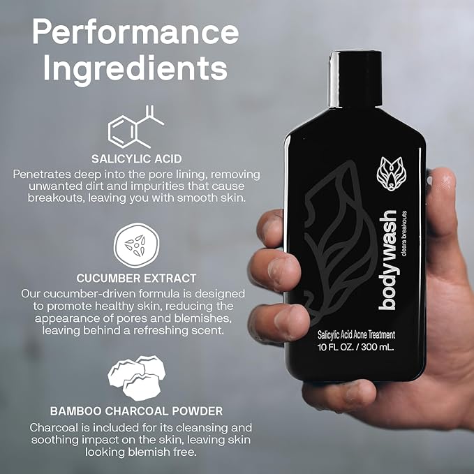 Black Wolf Body Wash & Sonic Scrubber Pro Kit for Men - Vibrating Face & Body Brush with Charcoal Powder Shower Gel, Water Resistant Massage Brush & Salicylic Acid Body Wash, Rich Lather & Deep Clean