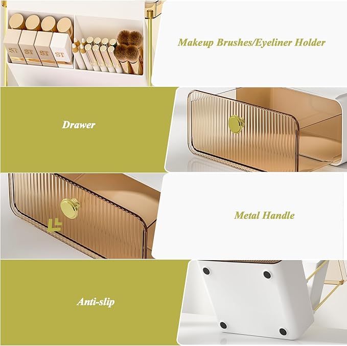 Makeup Organizer with Storage Drawer,Cosmetic Display with Lipsticks Brush Holder Perfume Tray,Organize Cosmetics and Beauty Supplies for Vanity,Dresser,Bathroom,Desktop Organizer,Amber
