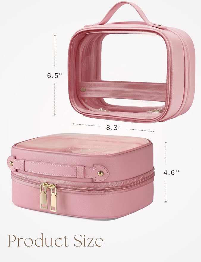 Clear Cosmetic Bag Double Layer 4 Compartments Travel Toiletry Bag Clear Makeup Case with Zipper Transparent Travel Bag for Toiletries, TSA Approved, Gift for Women Girls (Pink)