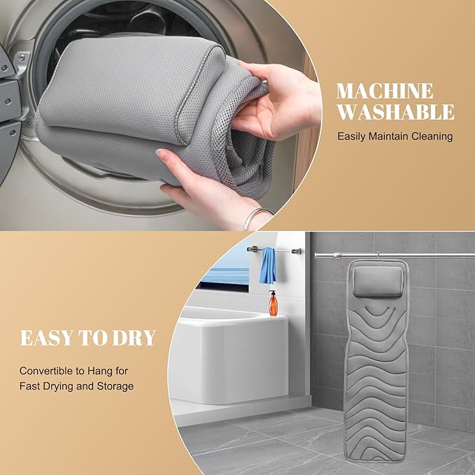 Full Body Bath Pillow for Bathtub, Non-Slip Bath Pillows for Tub, Spa Bathtub Pillow Cushion for Headrest Neck Shoulder and Back Rest Support，Relaxation Spa Accessories-50 x 15" (Grey)