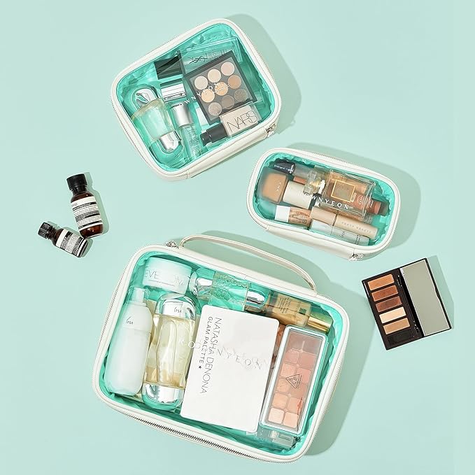 ROWNYEON 3-Piece Premium Cosmetic Organizer Set - Clear PVC & Faux Leather Storage Bags with Jewel-Tone Blue Lining, Waterproof Travel Toiletry Cases for Home/Carry-On (Jumbo/Medium/Mini)