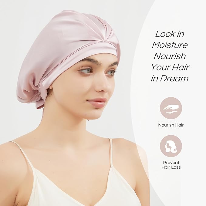 RachelSilk 100% Mulberry Silk Sleep Cap, Grade 6A 19 Momme Silk for Women Hair Care, Night Bonnet with Elastic Stay On Head, Sleep Cap After Shower, for Small -Medium Head Size (Pale Pink)