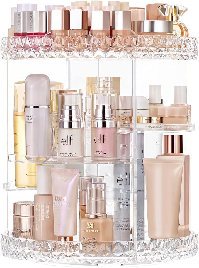 HBlife 360 Rotating Makeup Organizer Adjustable Carousel Diamond Large Capacity Revolving Perfume Organizer Skincare Organizers Cosmetic Storage Spinning Holder for Vanity, Plus Size Clear