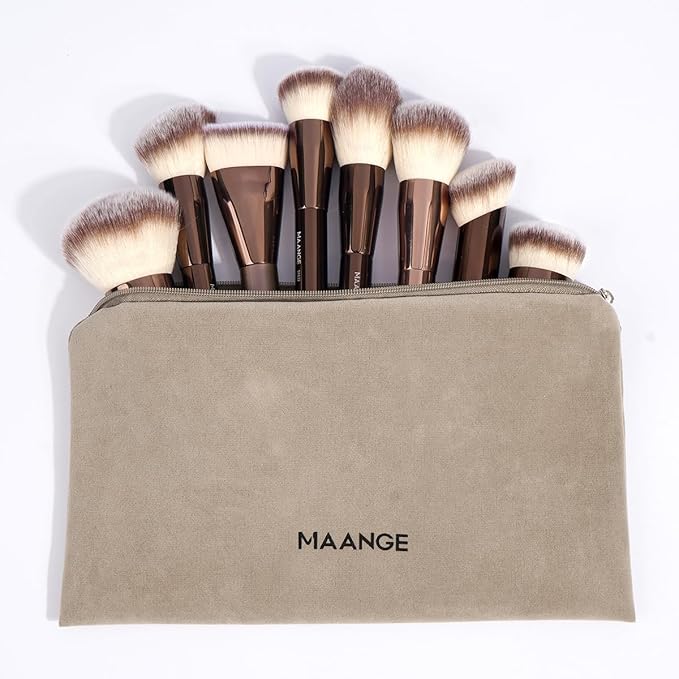 MAANGE Makeup Brush Set 10 Pcs Makeup Brushes with Zipper Bag, Double-End Multi-functional Make Up Brushes for Blending Liquid Powder Concealer Cream Blush Buffe,CoffeeBrown