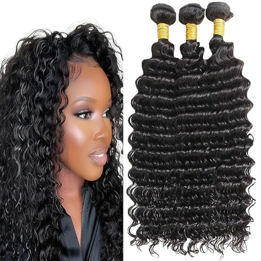 Human Hair Loose Deep Curly Weave Bundles Color 1B Deep Wave Bundles Double Weft Brazilian Human Hair Weave Extensions Soft and Silky for Women 26 28 30 Inch