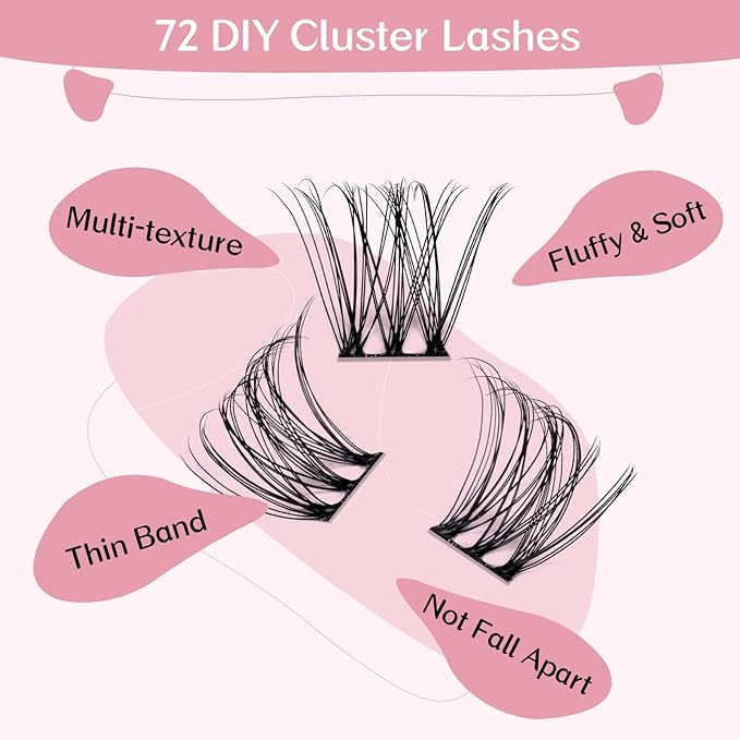 PRO LASHBEAUTY Cluster Lashes, 72 Pcs Individual Lashes, DIY Eyelash Extension, Super Thin Band Reusable Soft & Comfortable (Black, Romantic-D-16mm)