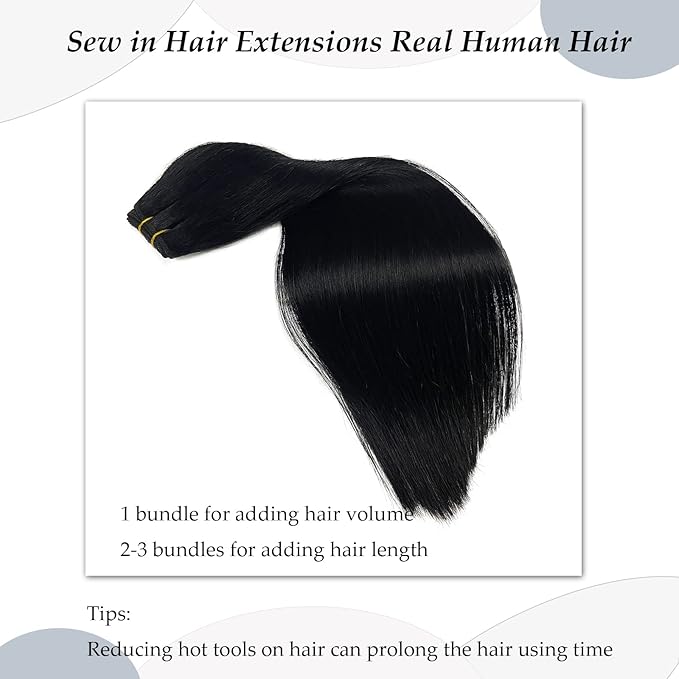 Sew in Hair Extensions Real Human Hair, 20 Inch 100G Hand Tied Weft Hair Extensions Human Hair Jet Black Hair Extensions Real Human Hair Weave Bundles Sew in Weft Extensions for Women