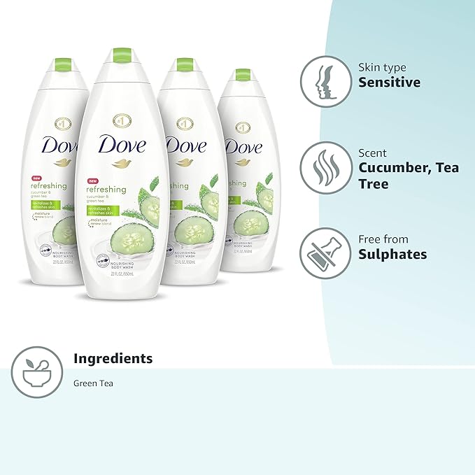 Dove Refreshing Body Wash Cucumber and Green Tea 4 Count Revitalizes and Refreshes Skin Cleanser That Effectively Washes Away Bacteria While Nourishing Your Skin 22 oz