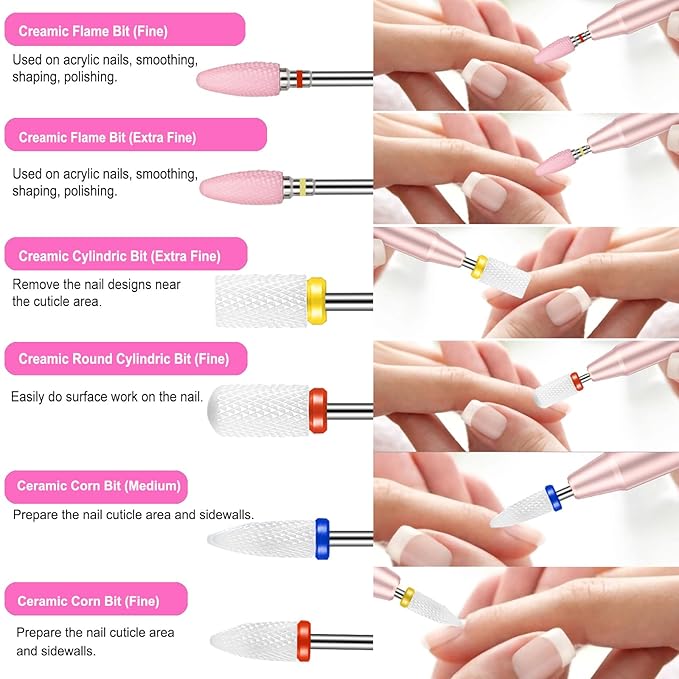 30Pcs Nail Drill Bits Set with Rhinestone Storage Box, 3/32 Inch Ceramic Diamond Carbide Nail Drill Bits for Acrylic Gel Polish, Cuticle Efile Remover for Manicure (Pink)