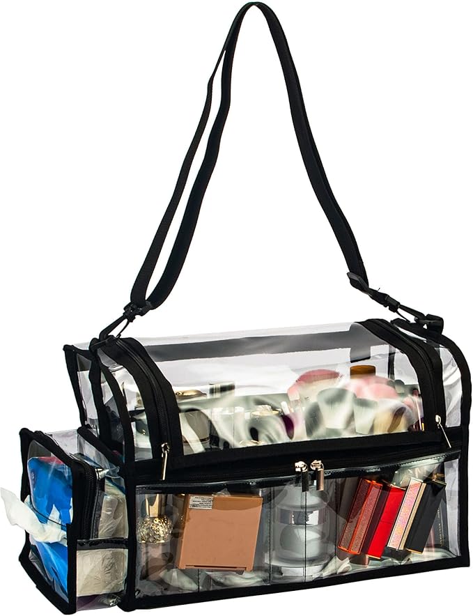 Large Professional Free Standing Clear PVC Makeup Artist Set Bag Transparent Makeup Brush Buddy Make up Kits Organizer Carry All MUA Travel Cosmetic Bag with 8 Dividers and Tissue Holder