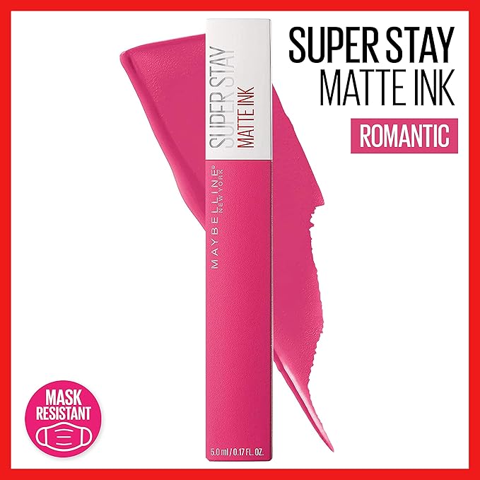 Maybelline Super Stay Matte Ink Liquid Lipstick Makeup, Long Lasting High Impact Color, Up to 16H Wear, Romantic, Vivid Pink, 1 Count, Packaging May Vary