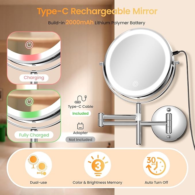 Benbilry Lighted Wall Mounted Makeup Vanity Mirror with Magnification 10X/1X, Adjustable Height & 3 Color Lights, Rechargeable 8" Dual Use Magnifying Tabletop Mirror, 360° Swivel with Extendable Arm