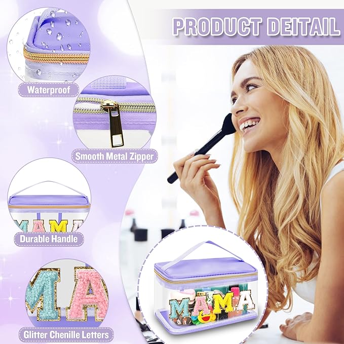 Chenille Letter Clear Makeup Bags Mama Pouch, Preppy Patch Makeup Bag Zipper with Handle, Transparent PVC & Nylon Waterproof Glitter Cosmetic Handbag Travel Toiletry Storage for Women(MAMA-Purple)