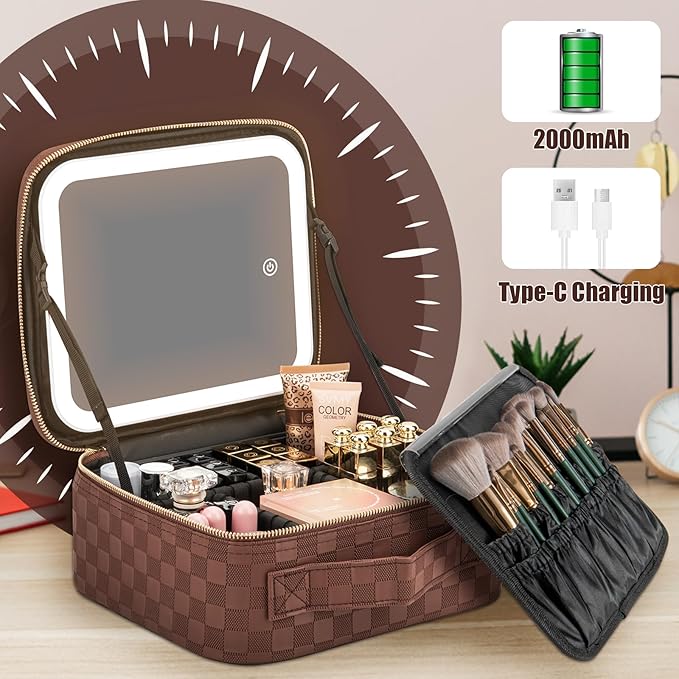 Makeup Travel Train Case with Mirror LED Light 3 Adjustable Brightness Cosmetic Bag Portable Storage Adjustable Partition Waterproof Makeup Brushes Makeup Jewelry Gift for Women