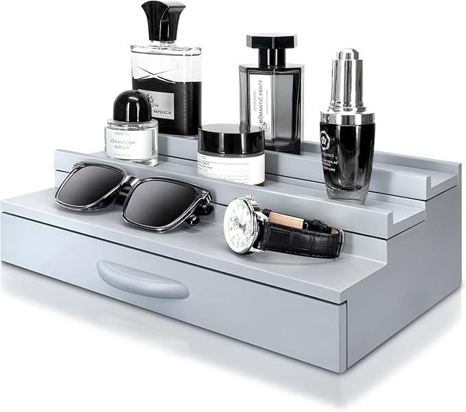 EOSAHR Cologne Organizer for Men - 3 Tier Perfume Stand Organizer with Storage Drawer and Hidden Compartment - Great Gift for Dad & Boyfriend (Gray)