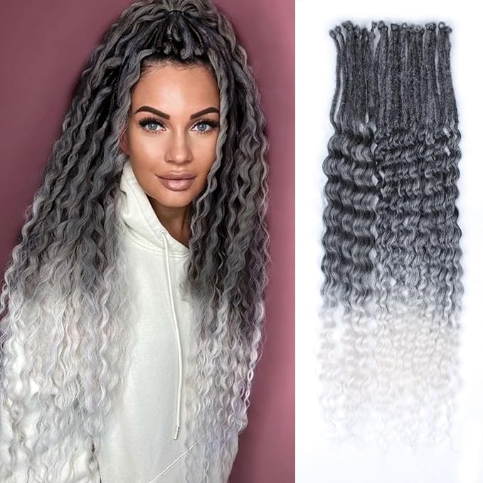 24 In 30 Strands Curly Dreadlock Extensions, Gray to White Synthetic Single Ended Dreads Extensions, 100% Handmade Dreads Hippie Style Dreadlocks for Woman