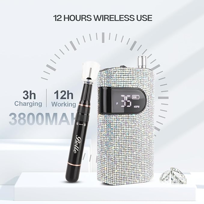 Belle Professional Electric Nail Drill Machine, Sparkly File for Acrylic Nails, UV LED Lamp, 54W Rechargeable Cordless Sparkling Dryer