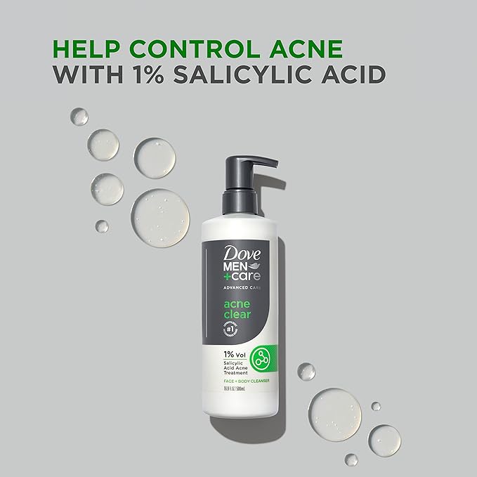 DOVE MEN + CARE Advanced Care Cleanser Acne Clear 3 Count for Acne Prone Skin Face + Body Cleanser with 1% Salicylic Acid 16.9 oz