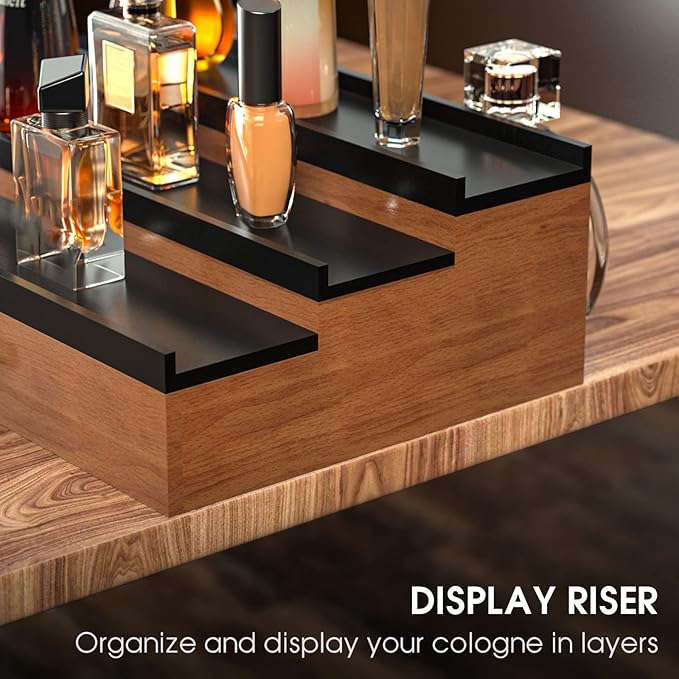 Sephyroth Cologne Organizer for Men 3 Tier of Elevated Cologne Display Shelf with Drawer Storage Perfume Organization and Storage Display Risers,Great Gift for Man(Walnut Black)