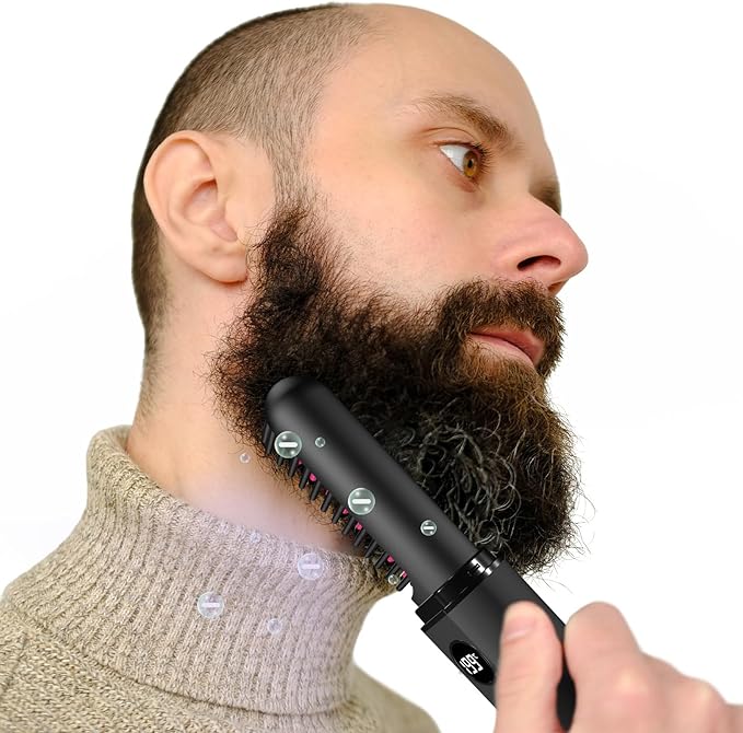 Beard Straightener for Men, Heated Beard Brush, Cordless Beard Hot Comb for Medium to Long Beards, with Travel Case, Rechargeable, 3 Temp Settings, Ionic Technology, Grooming Gift for Men(Black)