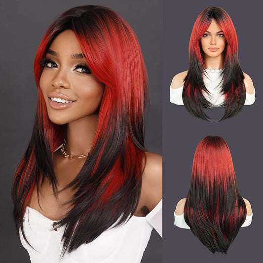 7JHH WIGS Long Wavy Wig Red and Black Layered Wig with Curtain Bangs, Synthetic High Density Heat Resistant Hair Straight Wig ends dyed black for Daily Party 25 Inches
