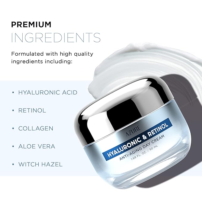 Azure Cosmetics Hyaluronic Acid Moisturizer Face Cream - Dermatologist Tested, Anti-Aging Retinol Cream for Dark Spots, Fine Lines & Wrinkles - Clean Beauty, Korean Skincare - All Skin Type - 1.69 oz
