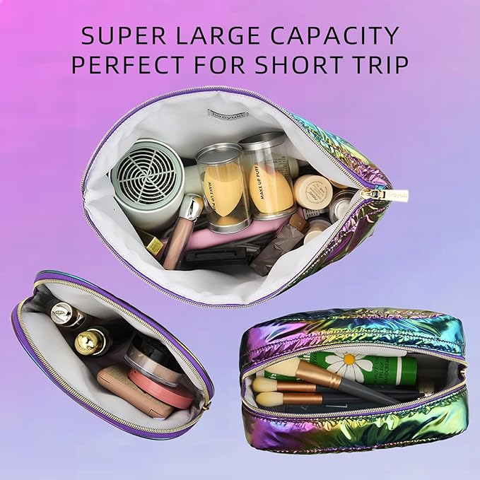 Hiroyuki 3pcs Iridescent Quilted Makeup Bag (plain, rainbow)