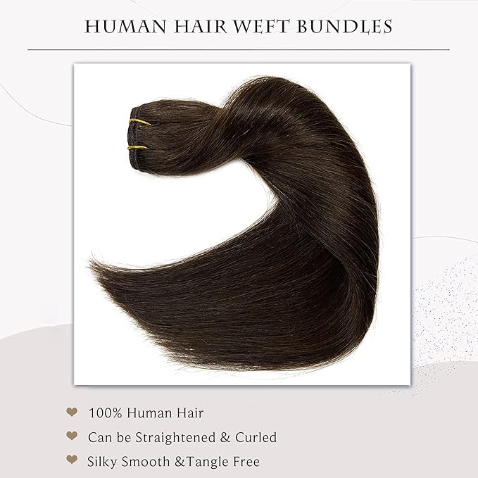Sew in Weft Hair Extensions Human Hair Bundles, Dark Brown Sew in Hair Extensions Real Human Hair for Women, 80G 12Inch Remy Human Hair Sew in Extensions Hand Tied Weft Hair Extensions