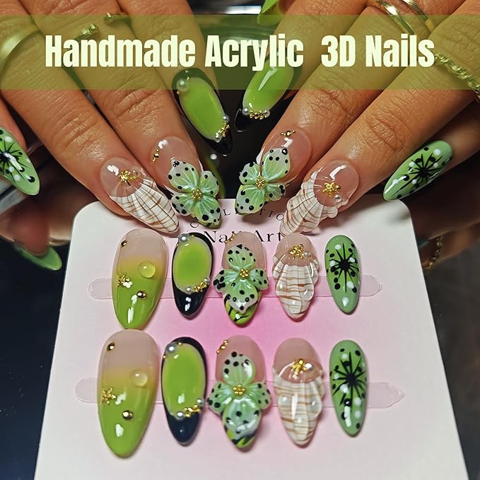 Handmade Acrylic Press On Nails Almond, 3D Press On Nails Medium, 3D Green Nails French Tip Flower Bubble Preal For Women Gift, Reusable Stick On Fake Nails Kit With Nail Glue (Floral Oasis-L)