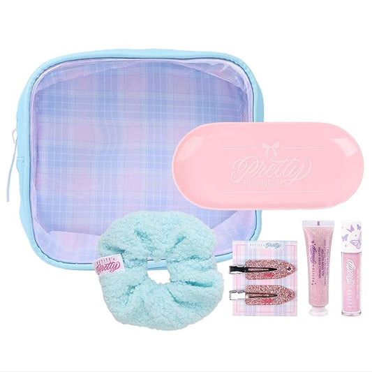 Petite N Pretty Get Ready with Me Essentials Set - Sparkly Ever After All Over Glitter (Mini Size), Makeup Tray, Scrunchie & Hair Accessories (Duck Clips), Makeup Bag for Girls, Teens, and Tweens