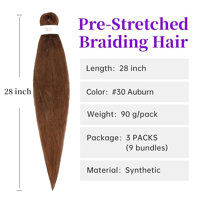 BNG 3X Pre-Stretched Braiding Hair, 28" Professional Itch Free Synthetic Fiber Braids Hair Extensions for Easy Braid, 3 PACKS (9 bundles), (#30 Auburn)