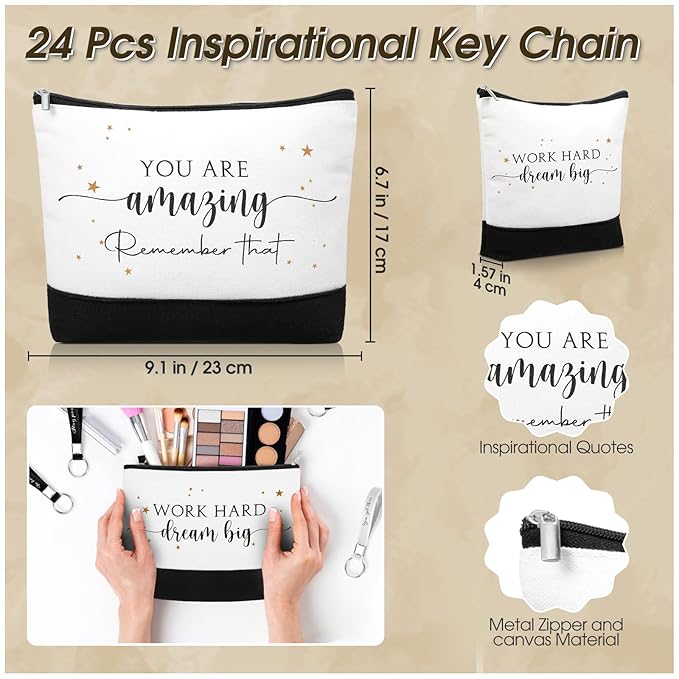 Sanwuta 48 Pcs Mother's Day Thank You Gifts Bag Bulk for Women 24 Make up Bags 24 Appreciation Keychains for Teacher Nurse(Stylish)