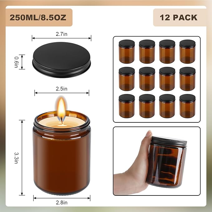 12 Pack Amber Glass Jars, 8 Oz Thick Amber Round Glass Jars, with Black Metal Lids, for Spice, Liquid, Sample, Leakproof and Dishwasher Safe