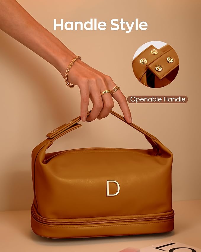 Gifts for Young Women, Personalized Makeup Bag with Handle, Initial Double Layer Cosmetic Bag with Makeup Brush Organizer, Cute Cosmetic Pouch for Women, Gifts for Friends Female Mom