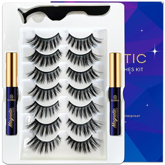 DUOERLA Magnetic Eyelashes Natural Look - 7 Pairs High Volume Cat-Eye Magnetic Lashes with Eyeliner Kit - Upgraded Long Lasting, Waterproof, Easy Fake Eyelashes with Applicator, Reusable,Cruelty Free,