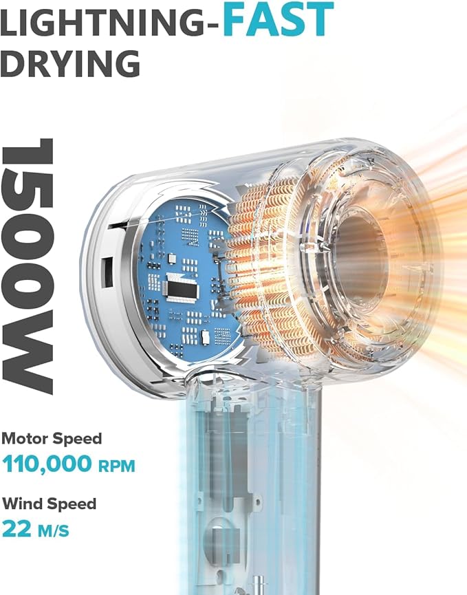 High Speed Ionic Hair Dryer with Diffuser, Professonal Blow Dryer 110,000 RPM Brushless Motor for Fast Drying, 1500W 4Temps /2Speeds, Thermo-Control Hairdryer for Women Home Travel (White)