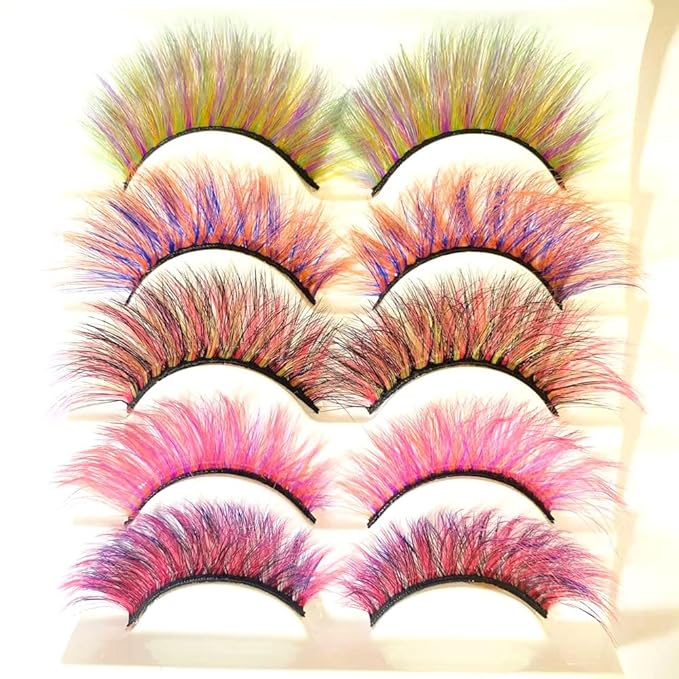 Sunniess Ombre Colored Lashes Silk Protein Fluffy Wispy Volume Fake Lashes for Halloweens Cosplay Party Stage Russian D Curl Lashes with Color Make up Faux Mink False Eyelashes