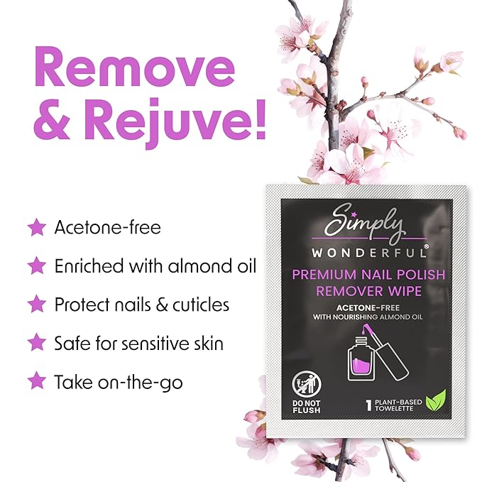 Simply Wonderful Nail Polish Remover Wipes, Acetone-Free, Enriched with Nourishing Almond Oil, Plant-Based Nail Polish Remover Pads, Lint-Free, 50 Individually Wrapped Nail Polish Wipes