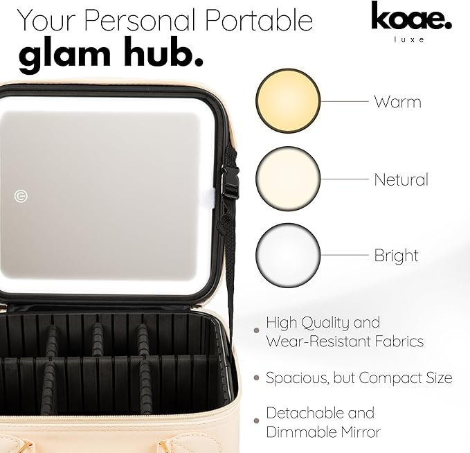 Makeup Bag with LED Mirror - Portable Makeup Case with Lighted Mirror & Adjustable Dividers, Makeup Bag with Light Up Mirror, 3 Color Setting Train Case Cosmetic Bag Organizer