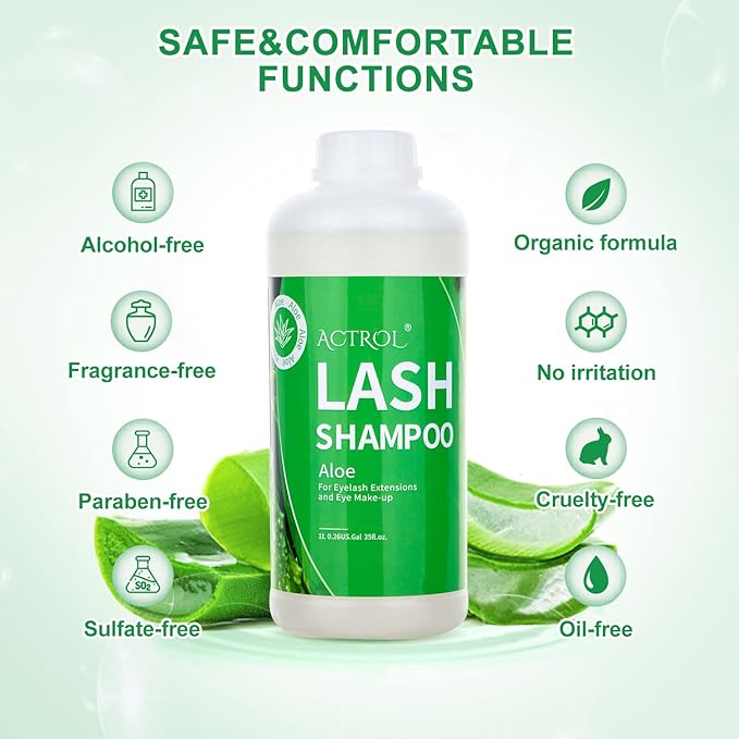 Eyelash Extension Cleanser Aloe 1L Natural Lash Extension Shampoo Professional Eyelid Foaming Cleanser Paraben & Sulfate Free Non-lrritating with Salon and Home Care