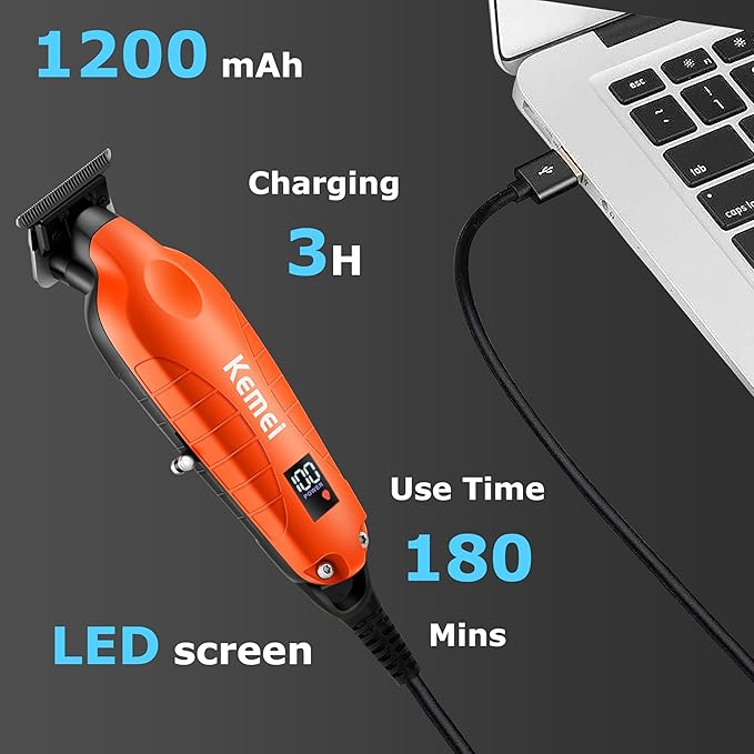 KEMEI 2293 Professional Hair/Beard Trimmer for Men Zero Gapped Hair Clippers for Barber with T Blade, Cordless Rechargeable, Orange