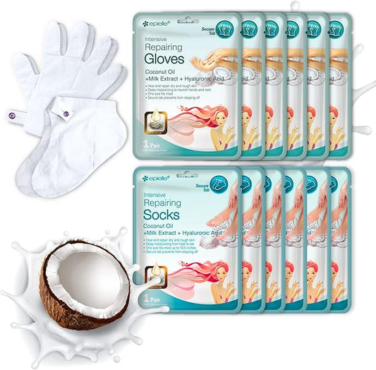 Epielle Intensive Repairing Hand & Foot Masks (6 Gloves & 6 Socks) for Dry Hands & Cracked Heels, Coconut Oil and Milk Extract, Mother's Day Gifts, Teacher's Appreciation