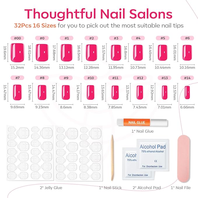 Modelones Pink Press on Nails, Chrome Short Square Fake Nails, Spring Easter Reusable Nail Kit with Nail Glue Adhesive Tabs Mini Nail File, Nails Press Ons 32Pcs16 Sizes, Women Girl Gift
