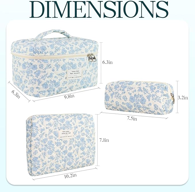 Makeup Bag, 3 PCS Quilted Makeup Bag, Cute Floral Cotton Cosmetic Bag set, Coquette Makeup Pouch Large Travel Toiletry Bag