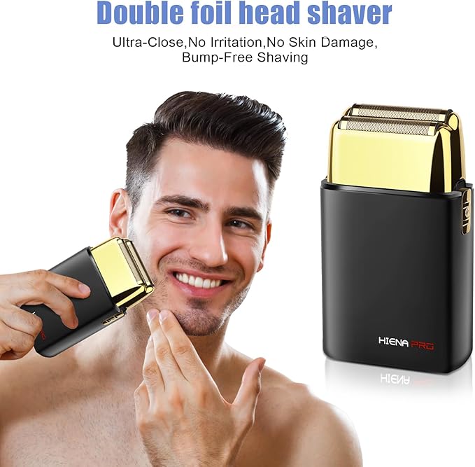 Foil Shaver for Men Barber, Double Electric Foil Trimmer, Professional Electric Razor, Close Shaver, Cordless Rechargeable with USB, Black Gold