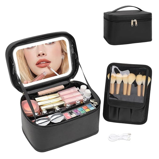 OCHEAL Makeup Bag With LED Mirror, Travel Makeup Bag With 3 Color Setting Light Up Mirror Cosmetic Makeup Organizer Vanity Case for Women Beauty Tools Accessories Rechargeable Makeup Travel Bag-Black