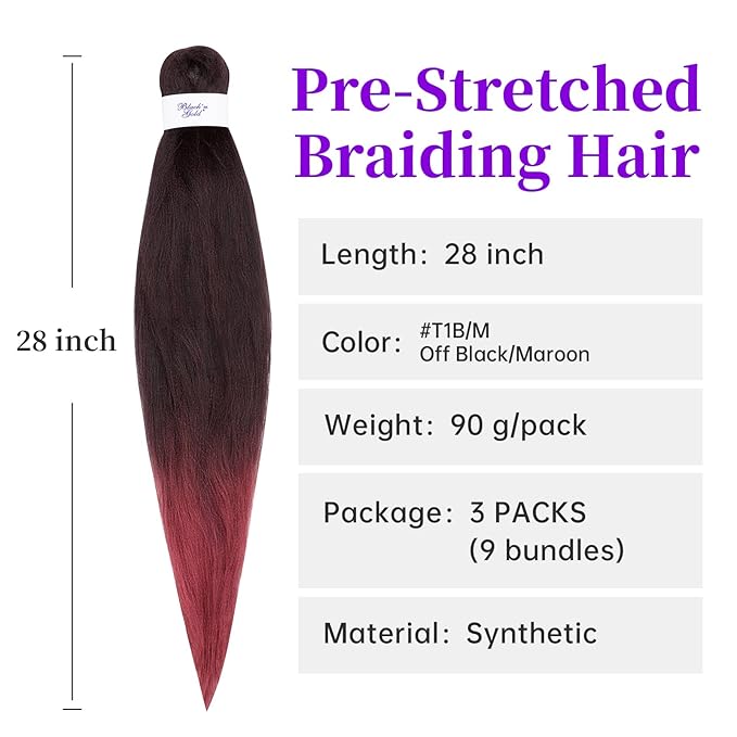 BNG 3X Pre-Stretched Braiding Hair, 28" Professional Itch Free Synthetic Fiber Braids Hair Extensions for Easy Braid, 3 PACKS (9 bundles), (#T1B/M Off Black/Maroon)