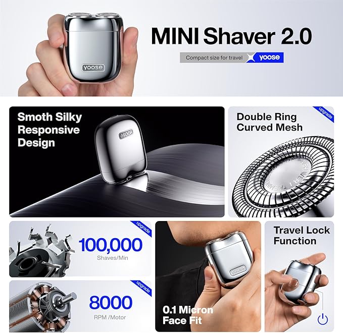 yoose Mini Shaver On-The-Go, Portable Alloy Electric Shaver for Men, Cordless Travel Shavers, Dry Shave, USB-C Rechargeable Electric Razor, IPX7 Waterproof, Easy Cleaning, Battery Indicator, Silver