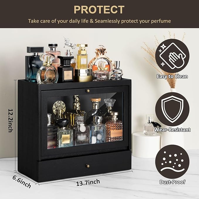 Cologne Organizer for Men, Solid Wood Perfumes Organizer for Men Dresser, Large Capacity Dustproof Cologne Holder with Drawer Storage Perfume Stand Organizer, Ideal Gift for Loved ones