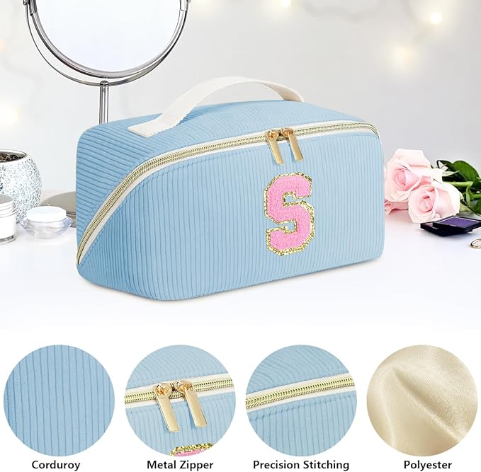 Gifts for Girls, Initial Travel Makeup Bag Women's Day Gift Make up Bag Cosmetic Bags Monther's Day Gifts, Personalized Stuff Bag Cute Makeup Bag Birthday Gifts for Women/Friend/Mother Blue - G